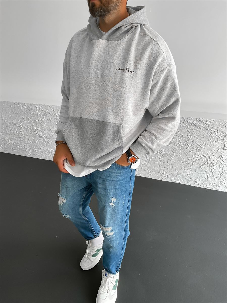 Gri Eternity Baskılı Kapüşonlu Sweat V-30-859