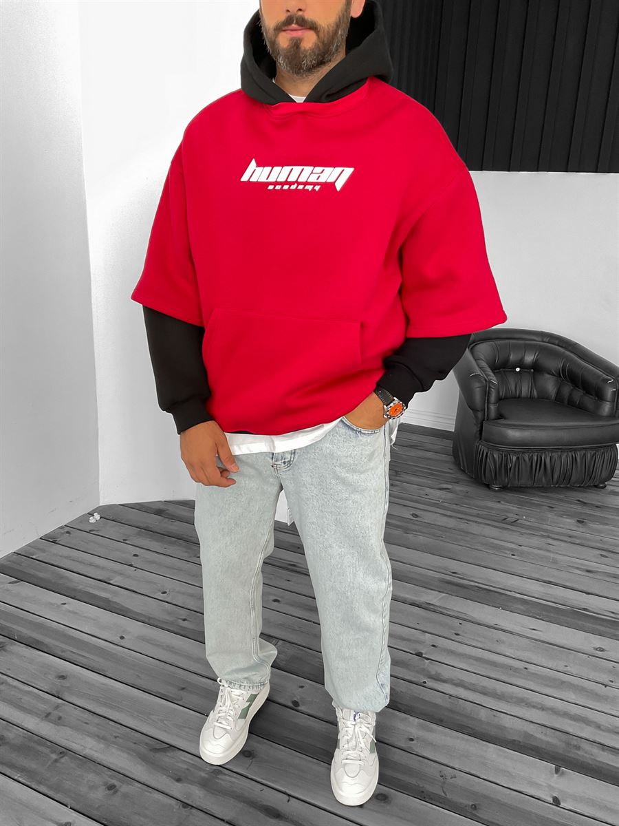 Kırmızı Human Baskılı Kapüşonlu Sweat V-30-844