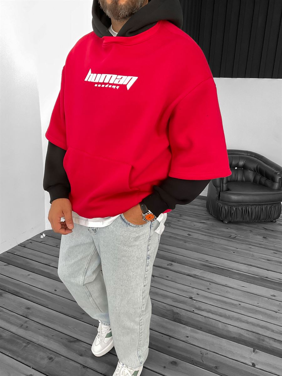 Kırmızı Human Baskılı Kapüşonlu Sweat V-30-844