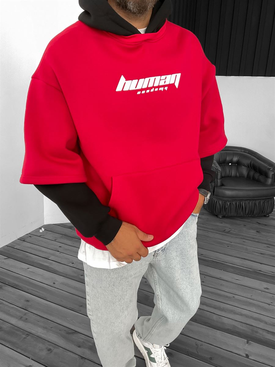 Kırmızı Human Baskılı Kapüşonlu Sweat V-30-844