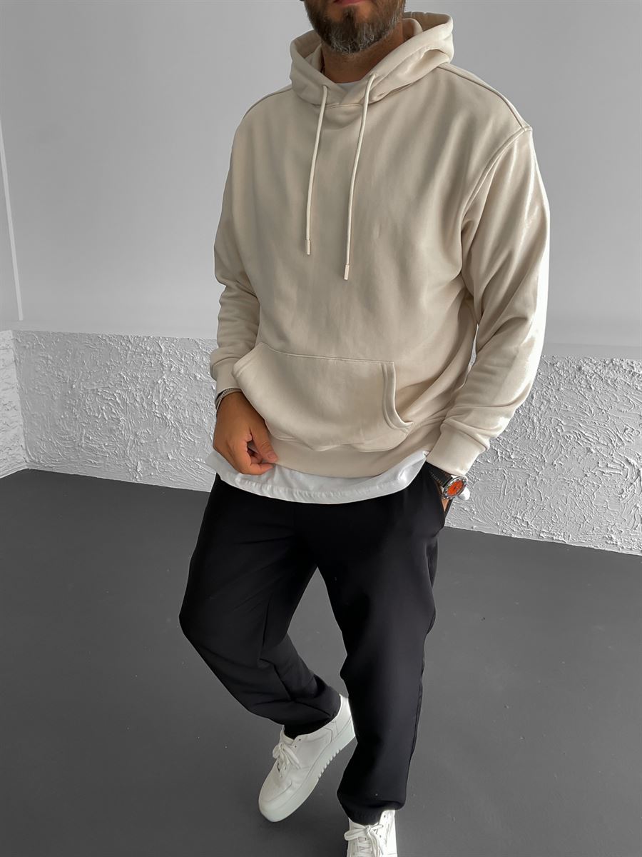 Bej Kapüşonlu Basic Sweat YP-3031