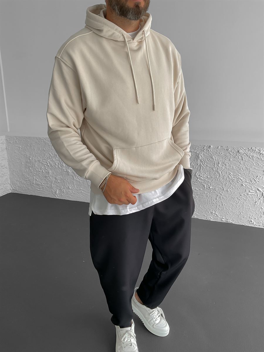 Bej Kapüşonlu Basic Sweat YP-3031