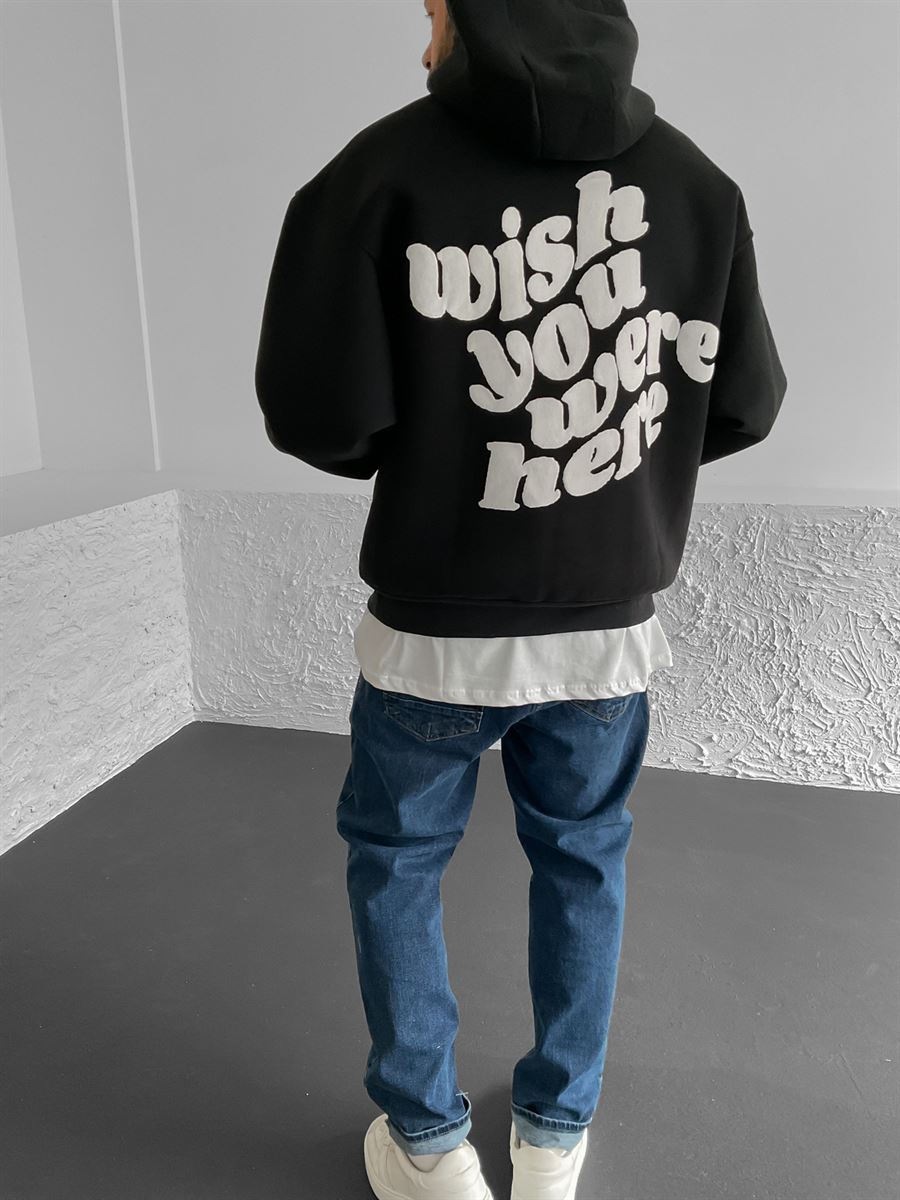 Siyah Wish Baskılı Kapüşonlu Sweat C-542