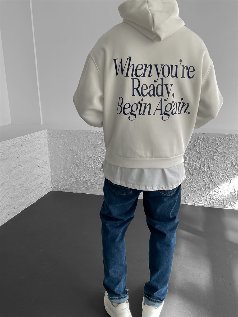 Beyaz Ready Baskılı Kapüşonlu Sweat C-555