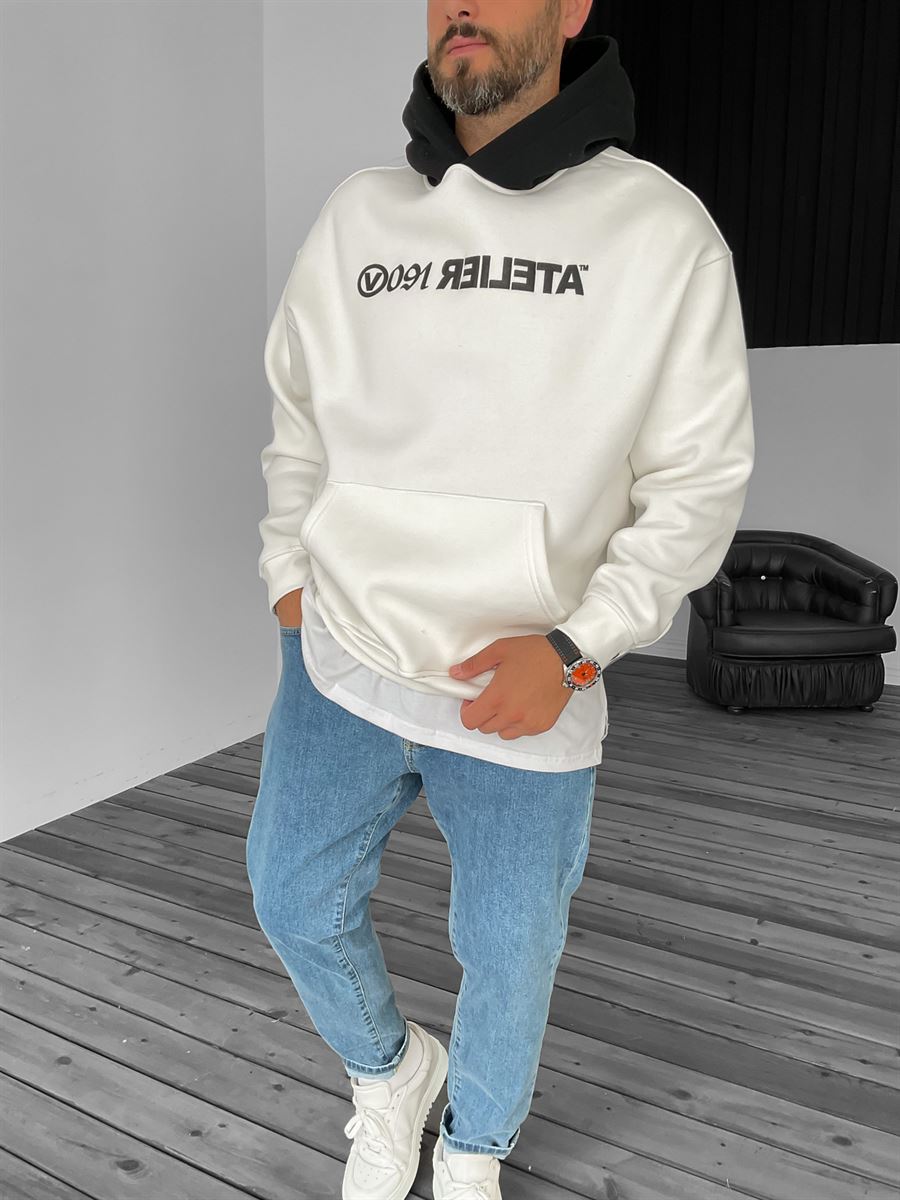 Beyaz Atelier Baskılı Kapüşonlu Sweat V-40-010