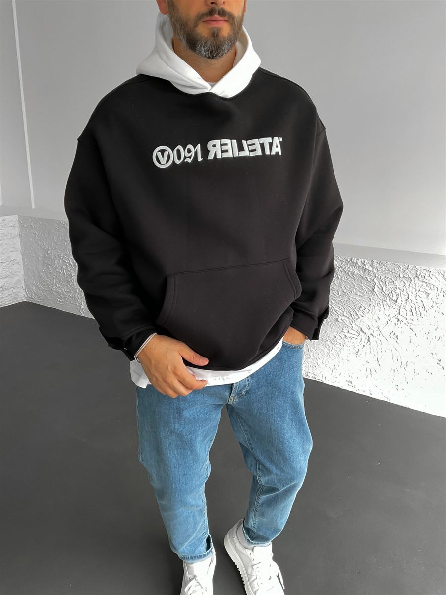 Siyah Atelier Baskılı Kapüşonlu Sweat V-40-010