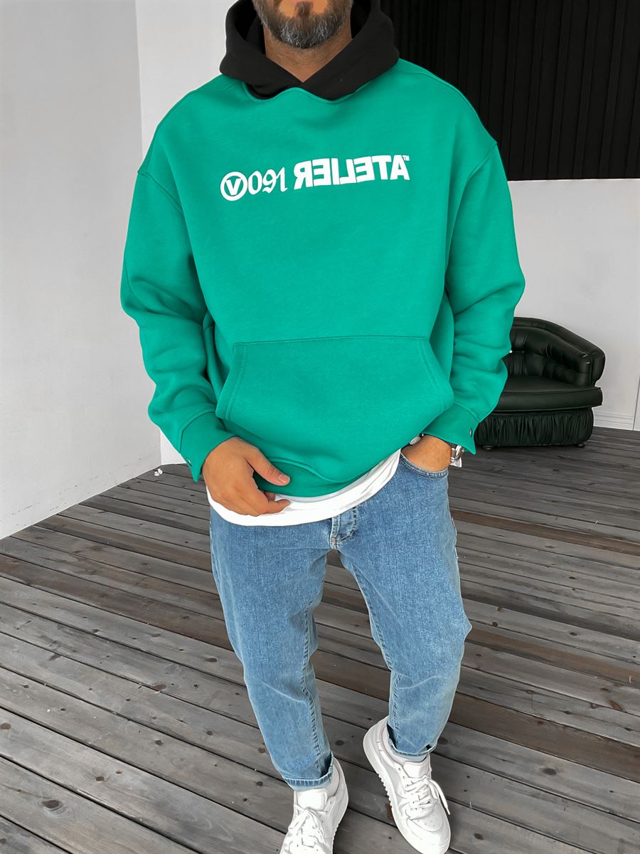 Yeşil Atelier Baskılı Kapüşonlu Sweat V-40-010