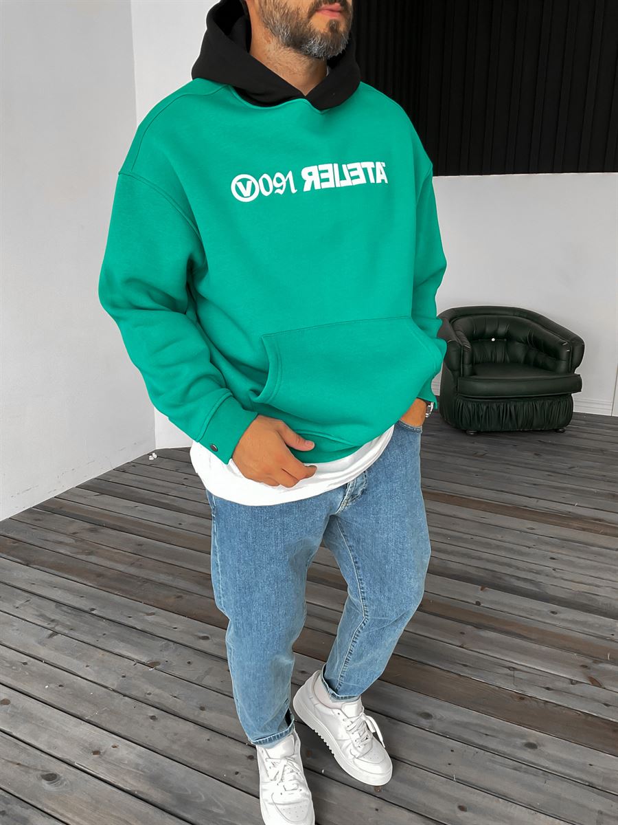 Yeşil Atelier Baskılı Kapüşonlu Sweat V-40-010