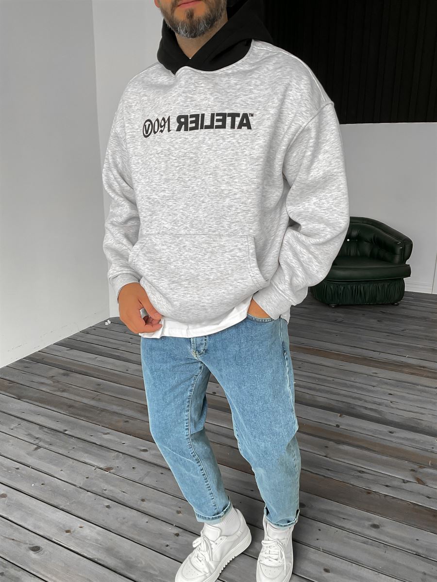 Gri Atelier Baskılı Kapüşonlu Sweat V-40-010