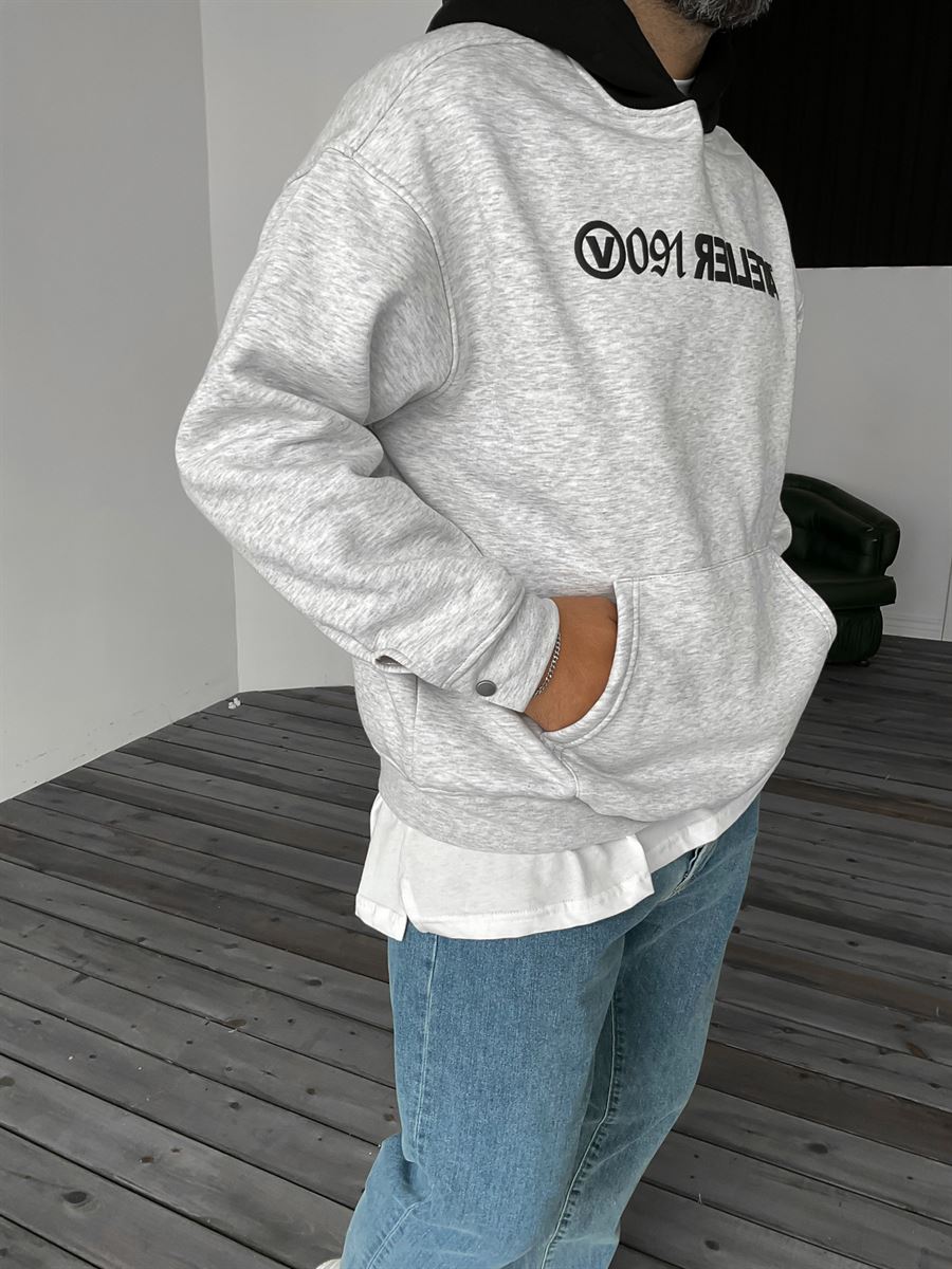 Gri Atelier Baskılı Kapüşonlu Sweat V-40-010