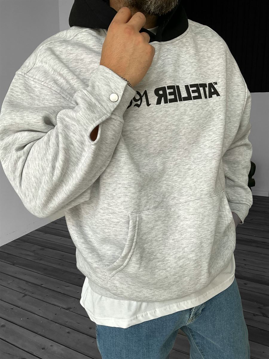 Gri Atelier Baskılı Kapüşonlu Sweat V-40-010