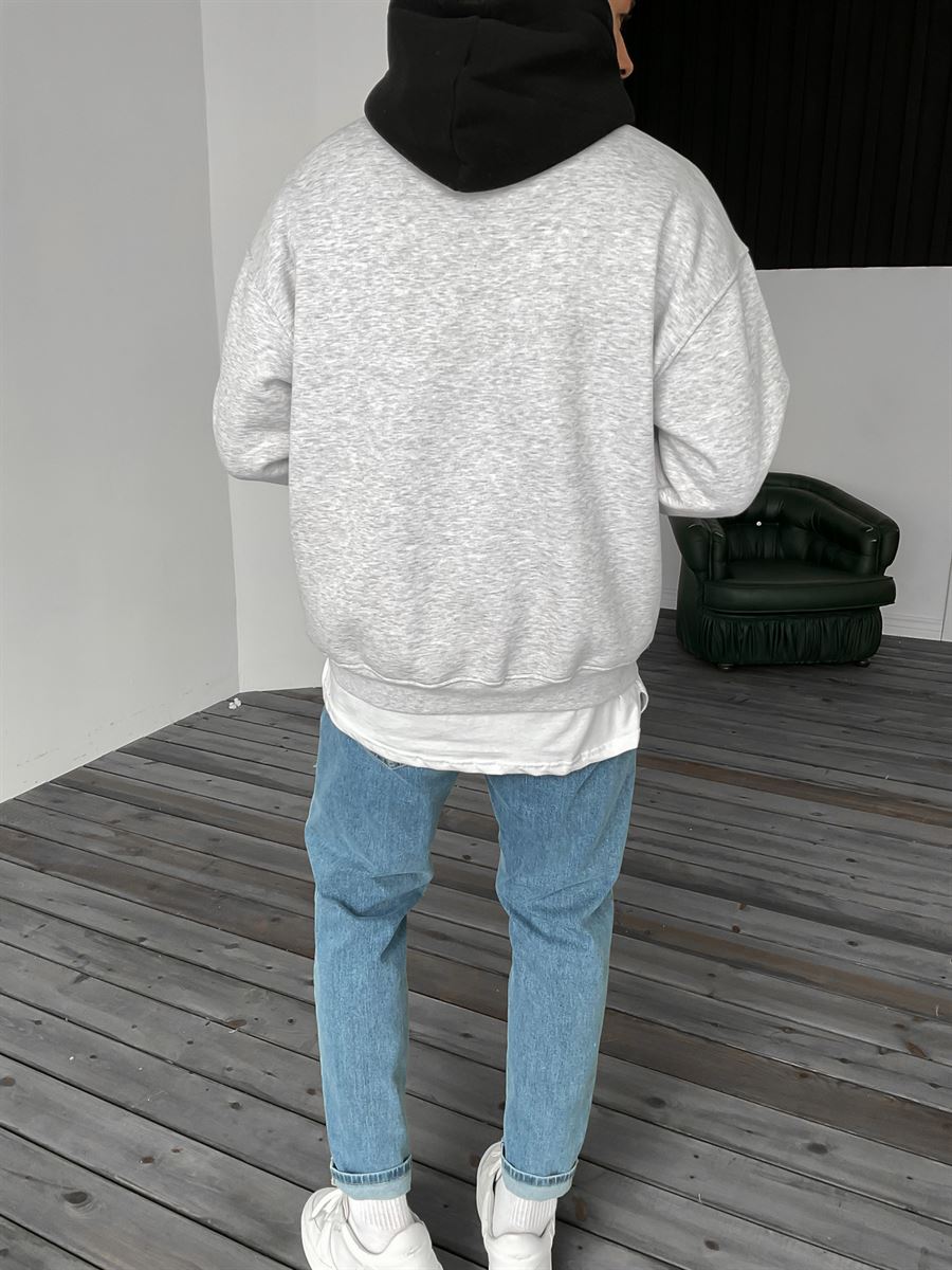 Gri Atelier Baskılı Kapüşonlu Sweat V-40-010