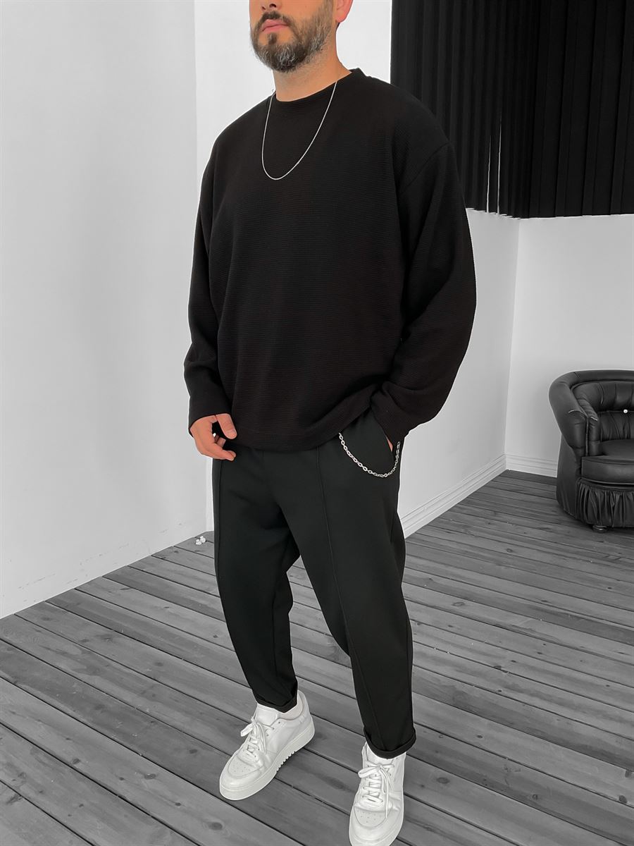 Siyah Waffle Kumaş Basic Sweat BS-4004