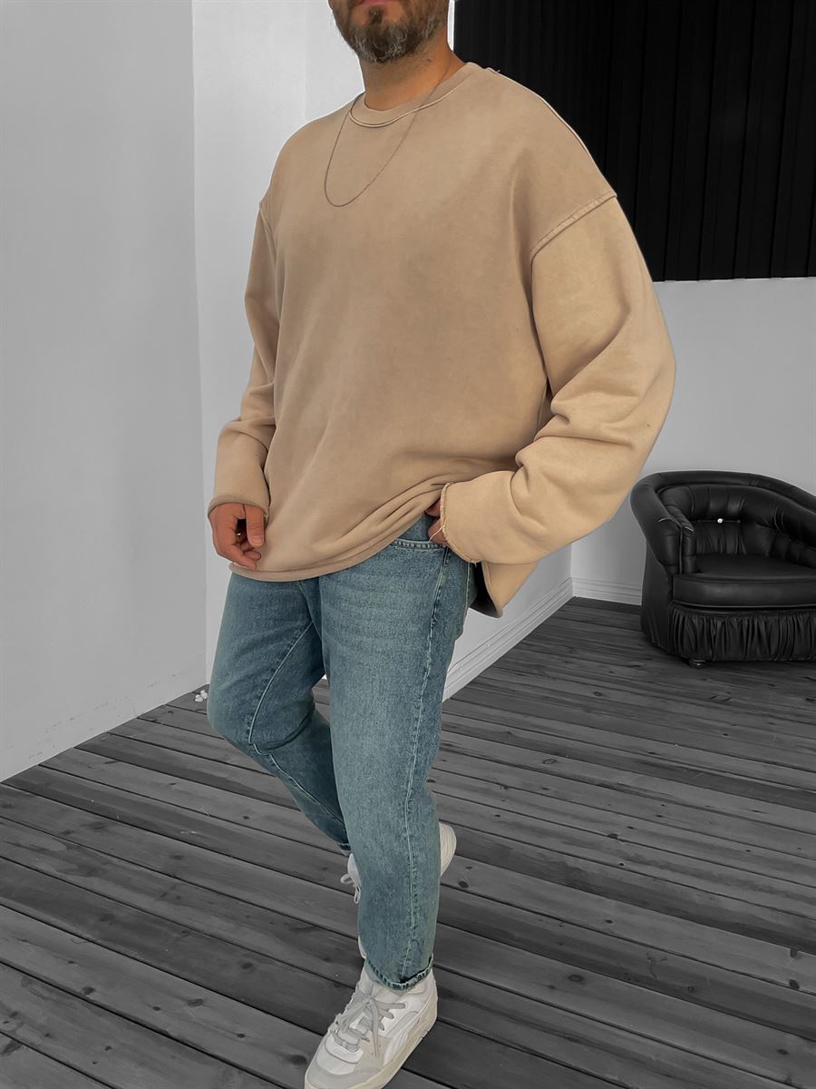 Açık Kahve Yıkamalı Oversize Sweat JJ-1263