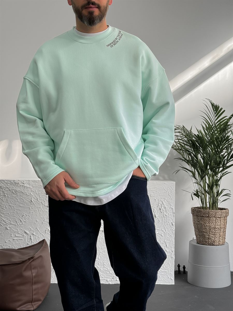 Mint Yeşili Heavyweight Yaka Yazı Nakışlı Sweat BY-0037