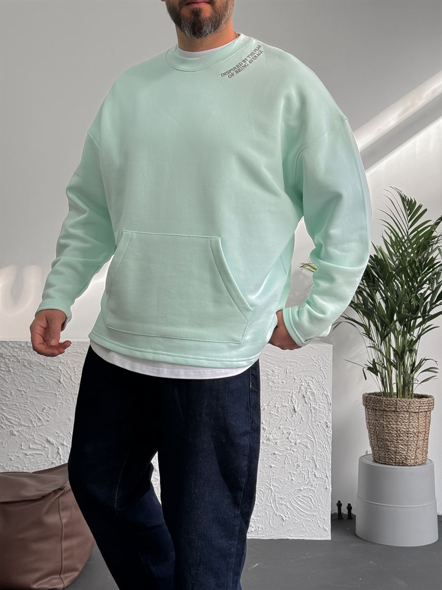 Mint Yeşili Heavyweight Yaka Yazı Nakışlı Sweat BY-0037