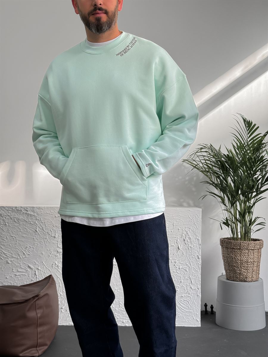 Mint Yeşili Heavyweight Yaka Yazı Nakışlı Sweat BY-0037