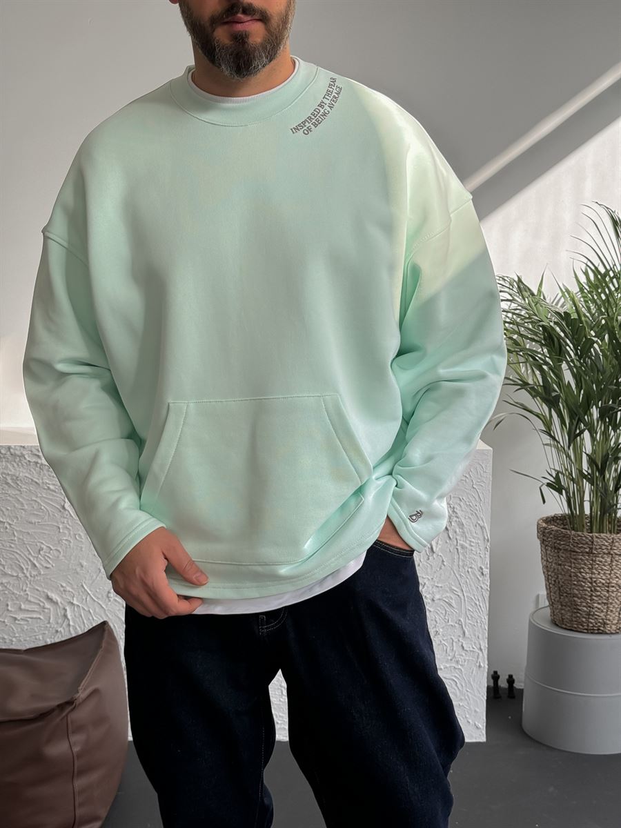 Mint Yeşili Heavyweight Yaka Yazı Nakışlı Sweat BY-0037