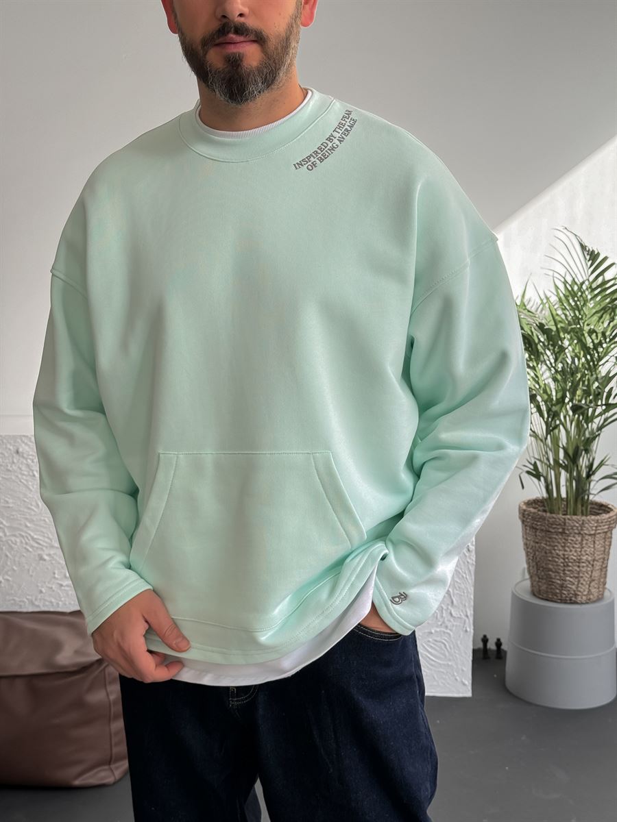 Mint Yeşili Heavyweight Yaka Yazı Nakışlı Sweat BY-0037