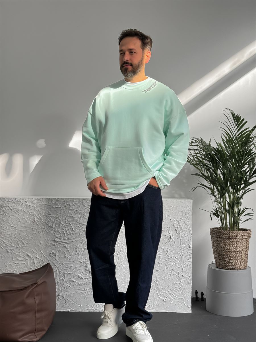 Mint Yeşili Heavyweight Yaka Yazı Nakışlı Sweat BY-0037