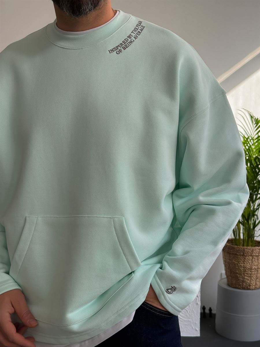 Mint Yeşili Heavyweight Yaka Yazı Nakışlı Sweat BY-0037