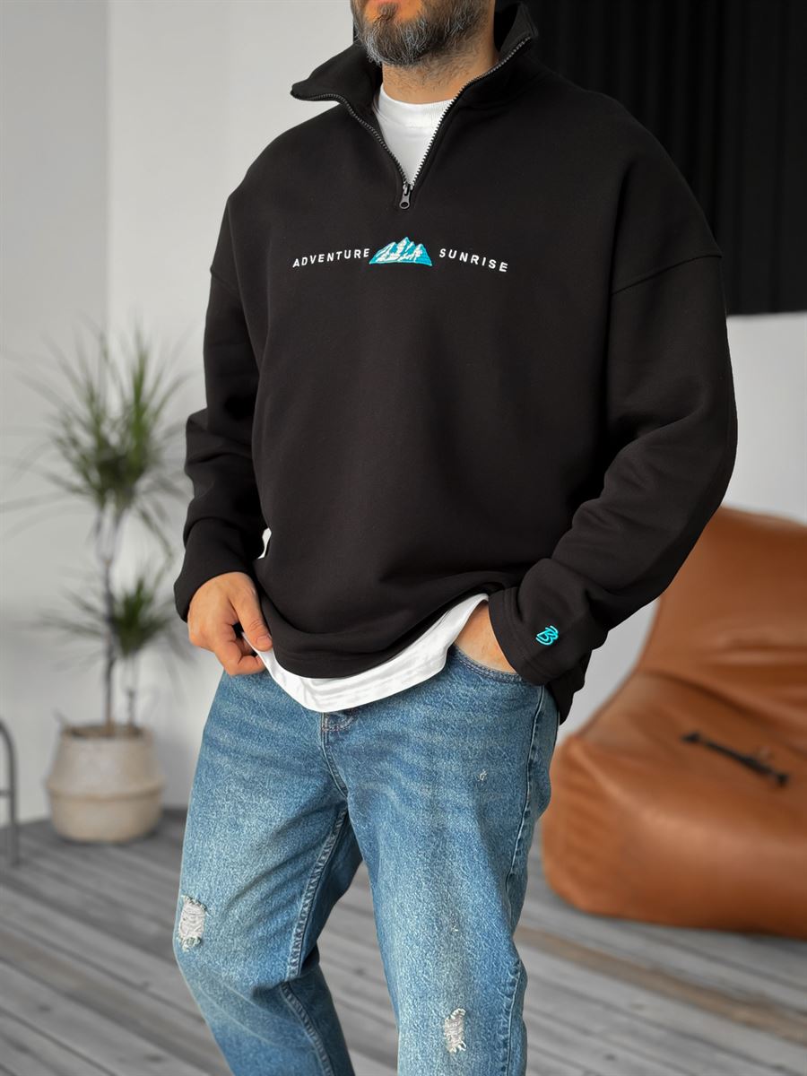 Siyah Heavyweight Mountain Nakışlı Sweat BY-0045