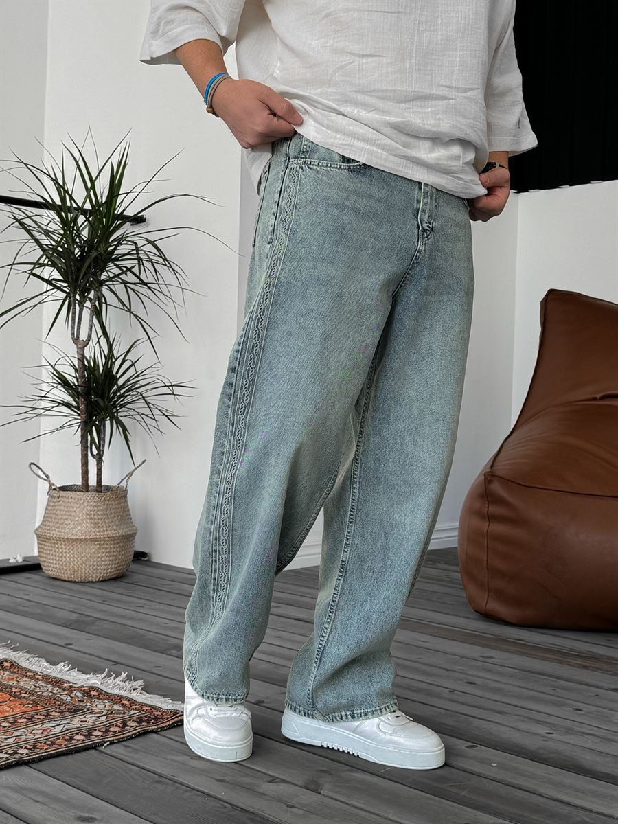 Açık Mavi Premium Örgü Nakışlı Baggy Jean G-3000