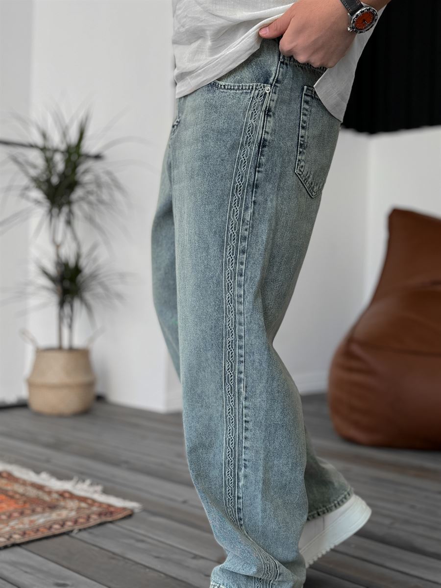 Açık Mavi Premium Örgü Nakışlı Baggy Jean G-3000