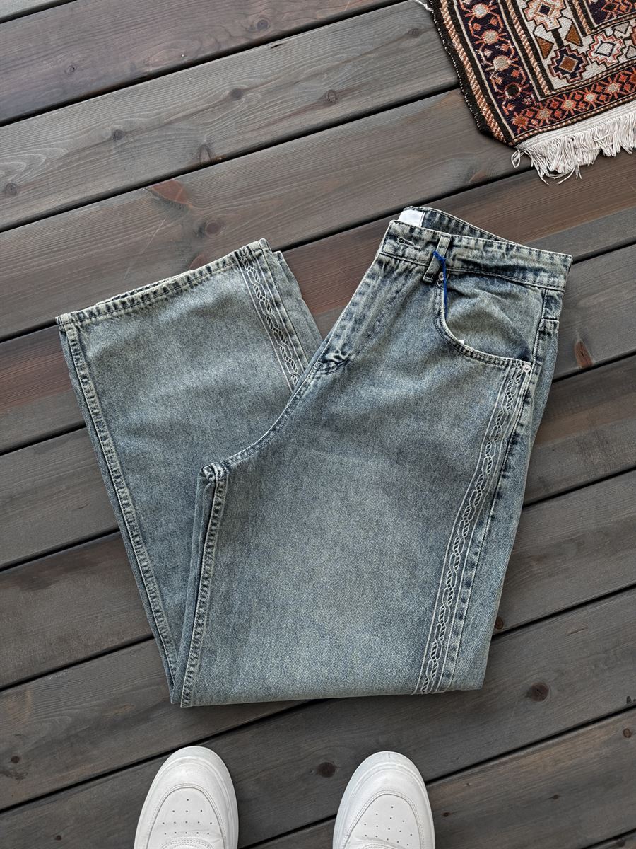 Açık Mavi Premium Örgü Nakışlı Baggy Jean G-3000