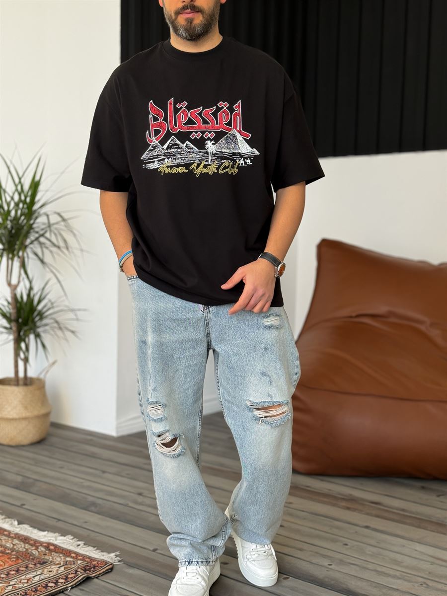 Siyah Blessed Baskılı Oversize T-Shirt PM-121