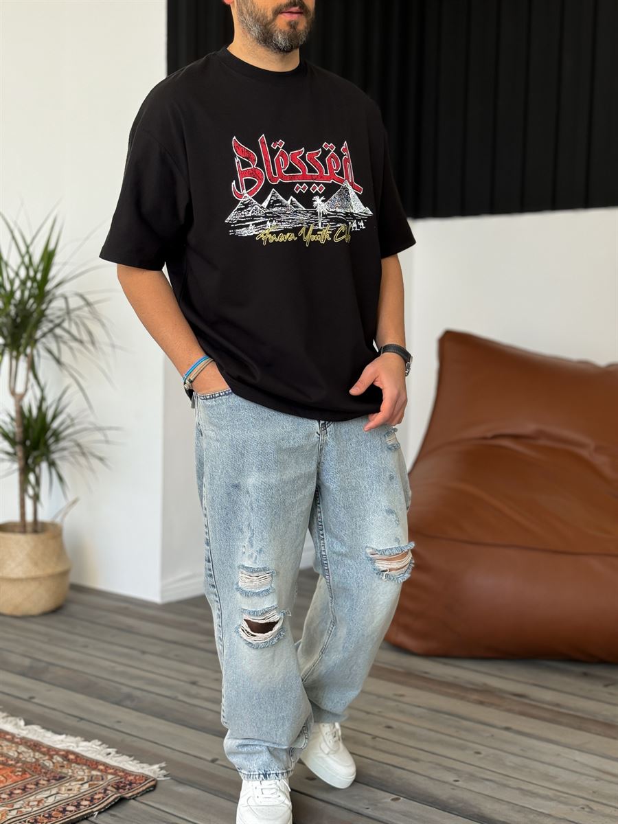 Siyah Blessed Baskılı Oversize T-Shirt PM-121