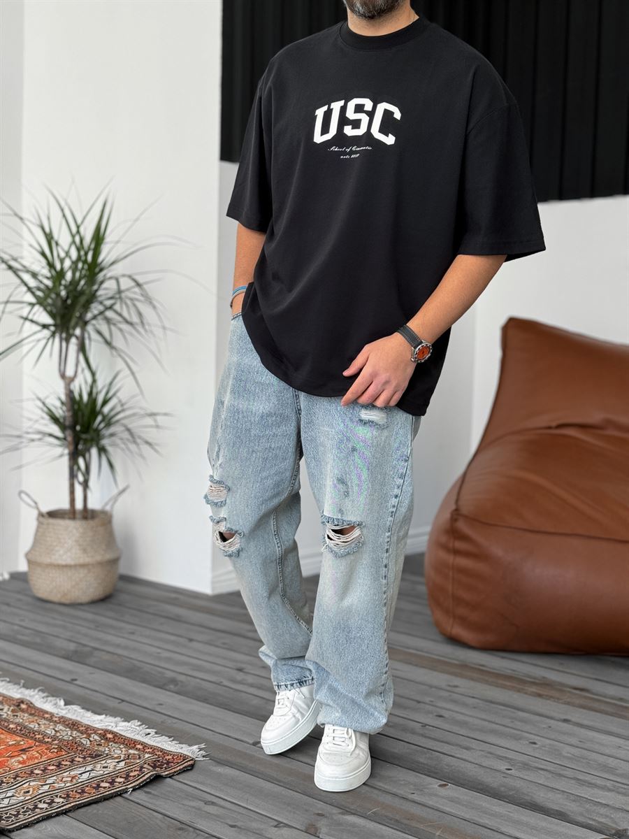 Siyah Usc Baskılı Oversize T-Shirt BS-4024