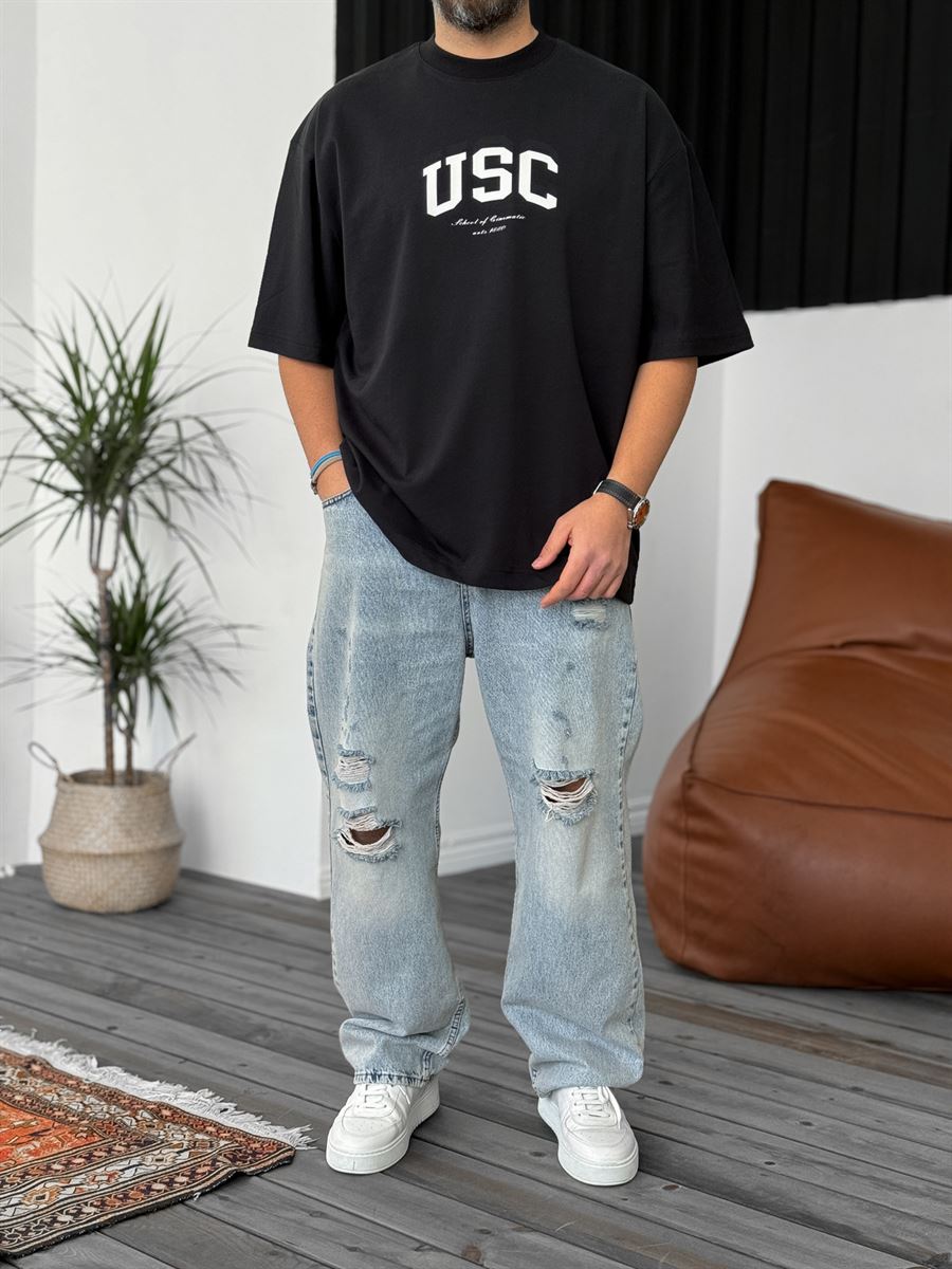 Siyah Usc Baskılı Oversize T-Shirt BS-4024