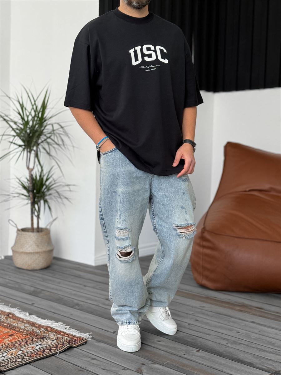 Siyah Usc Baskılı Oversize T-Shirt BS-4024