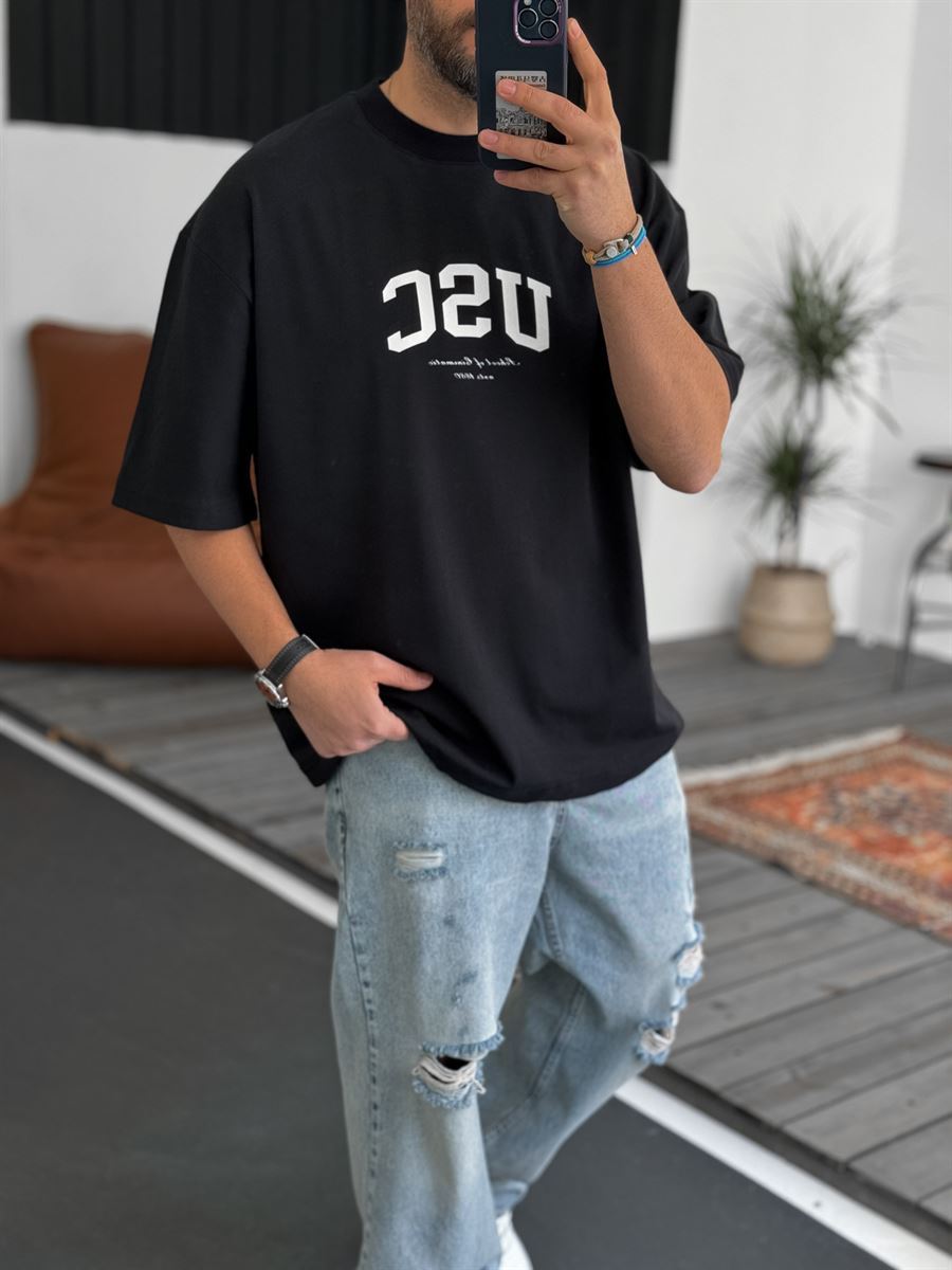 Siyah Usc Baskılı Oversize T-Shirt BS-4024