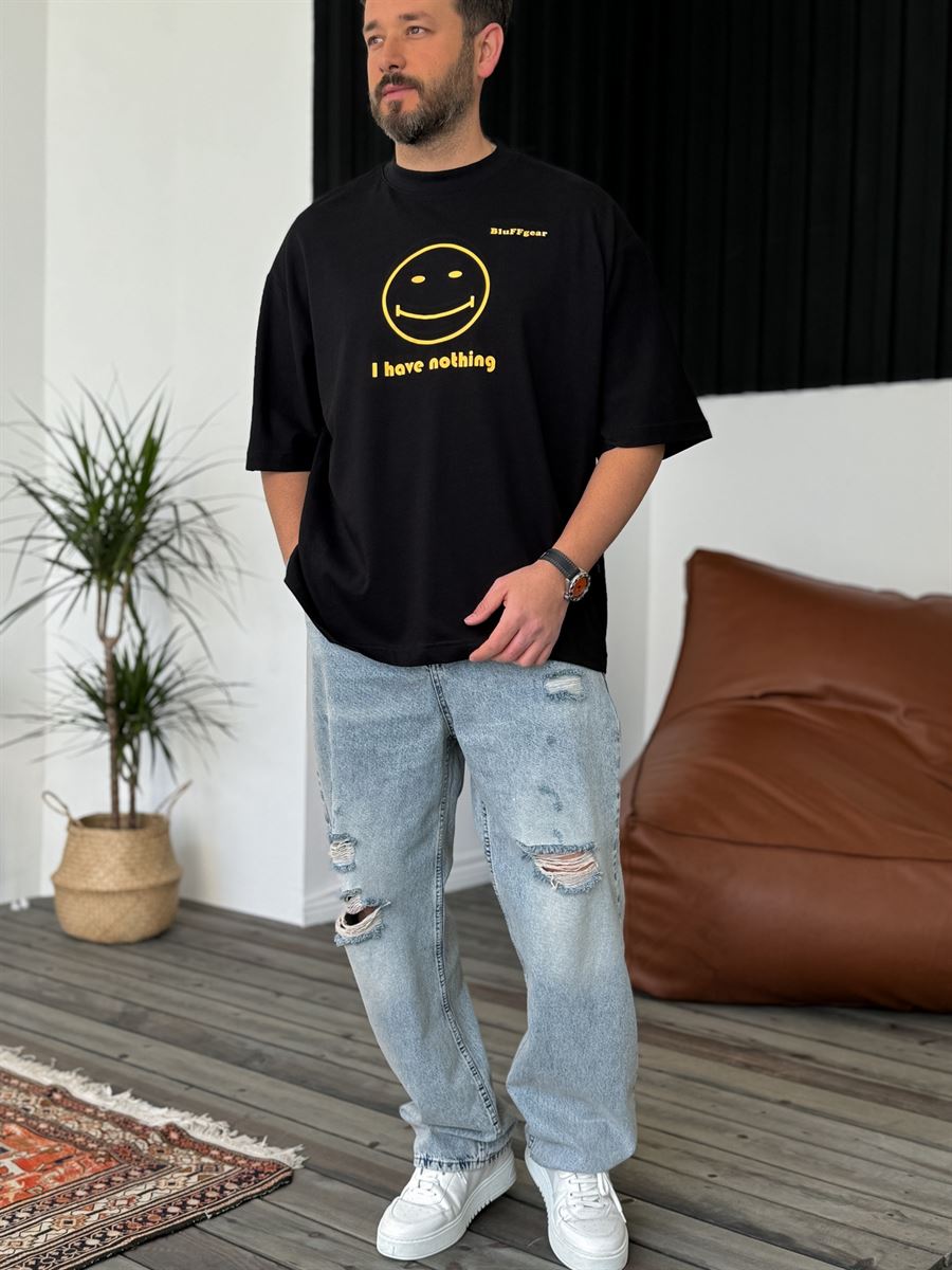 Siyah Smile Baskılı Oversize T-Shirt BS-4025