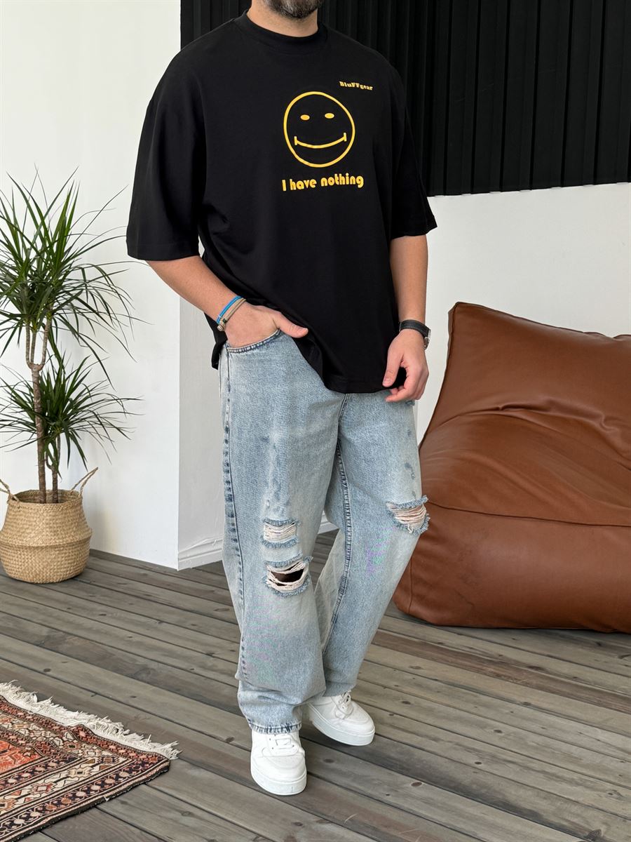 Siyah Smile Baskılı Oversize T-Shirt BS-4025