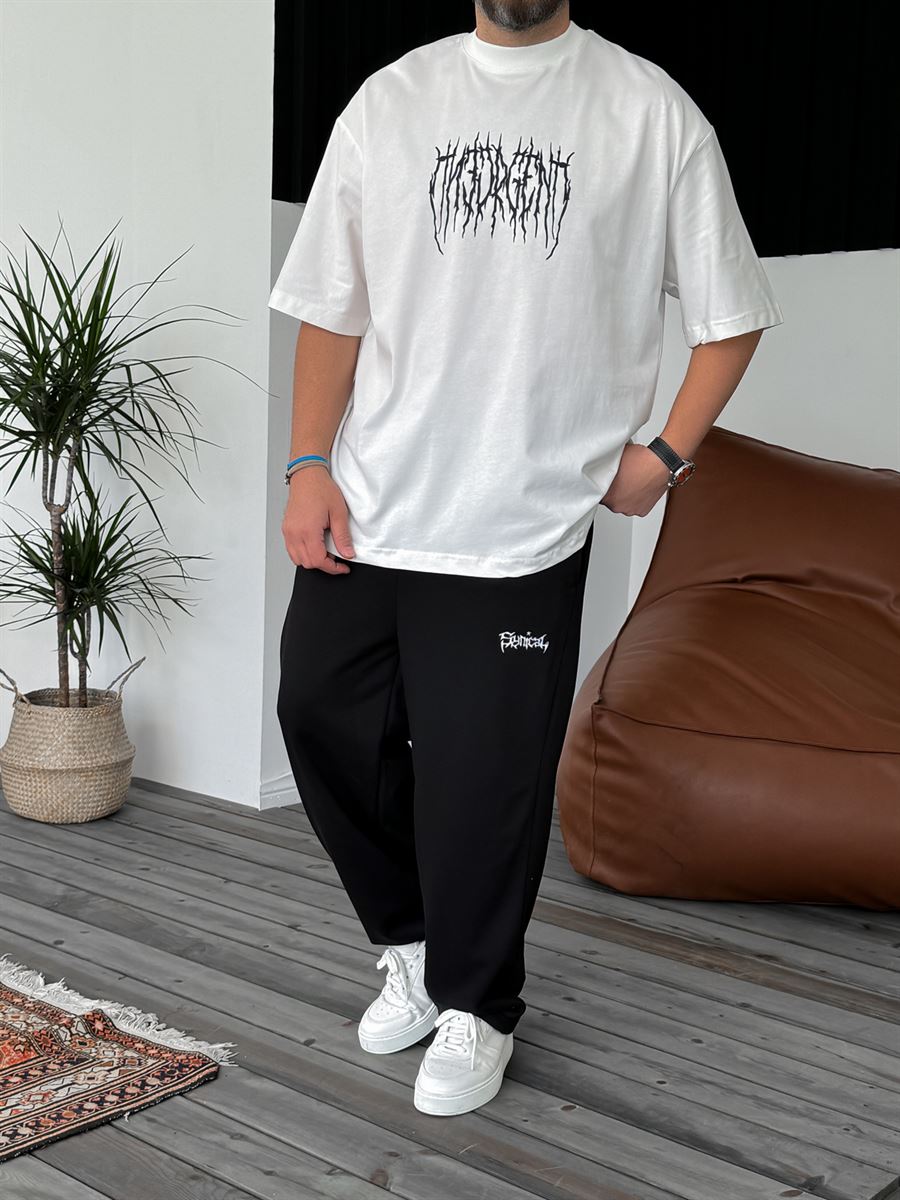 Beyaz Şimşek Yazı Baskılı Oversize T-Shirt BS-4027