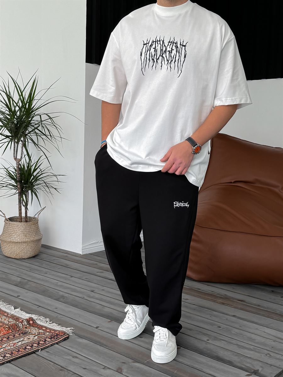 Beyaz Şimşek Yazı Baskılı Oversize T-Shirt BS-4027