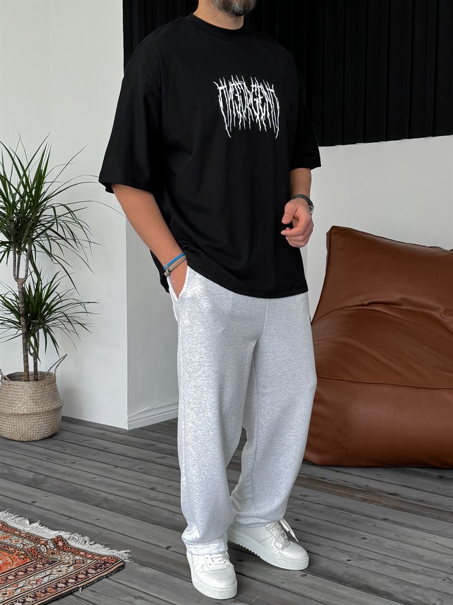 Siyah Şimşek Yazı Baskılı Oversize T-Shirt BS-4027