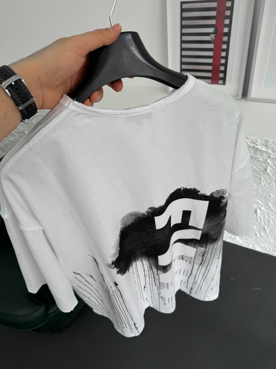 Beyaz FW Baskılı Oversize T-Shirt JJ-148