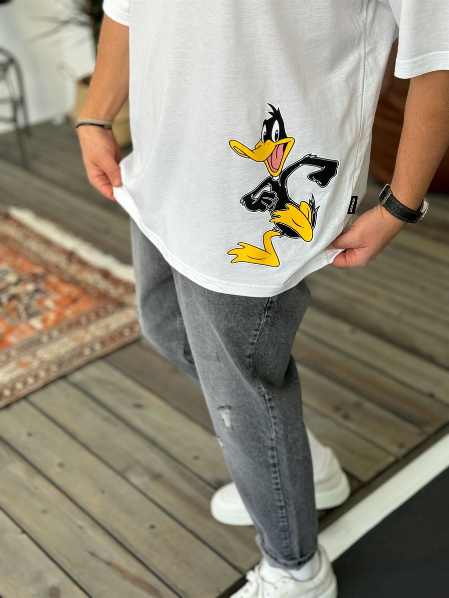 Beyaz Duck Baskılı Oversize T-Shirt JJ-145