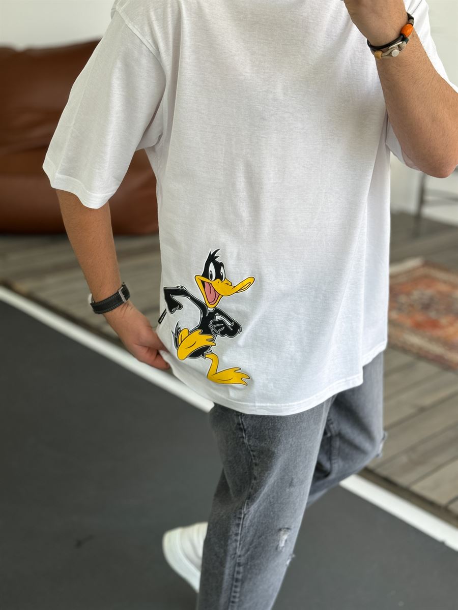 Beyaz Duck Baskılı Oversize T-Shirt JJ-145