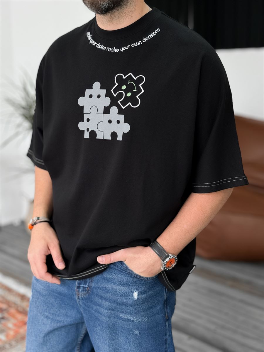 Siyah Puzzle Nakışlı Oversize T-Shirt JJ-262