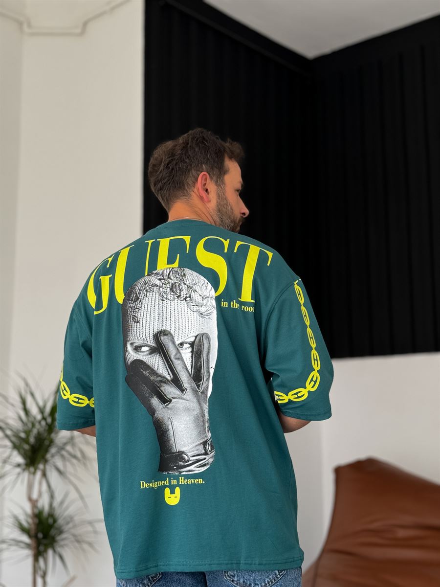 Koyu Yeşil Guest Baskılı Oversize T-Shirt JJ-151