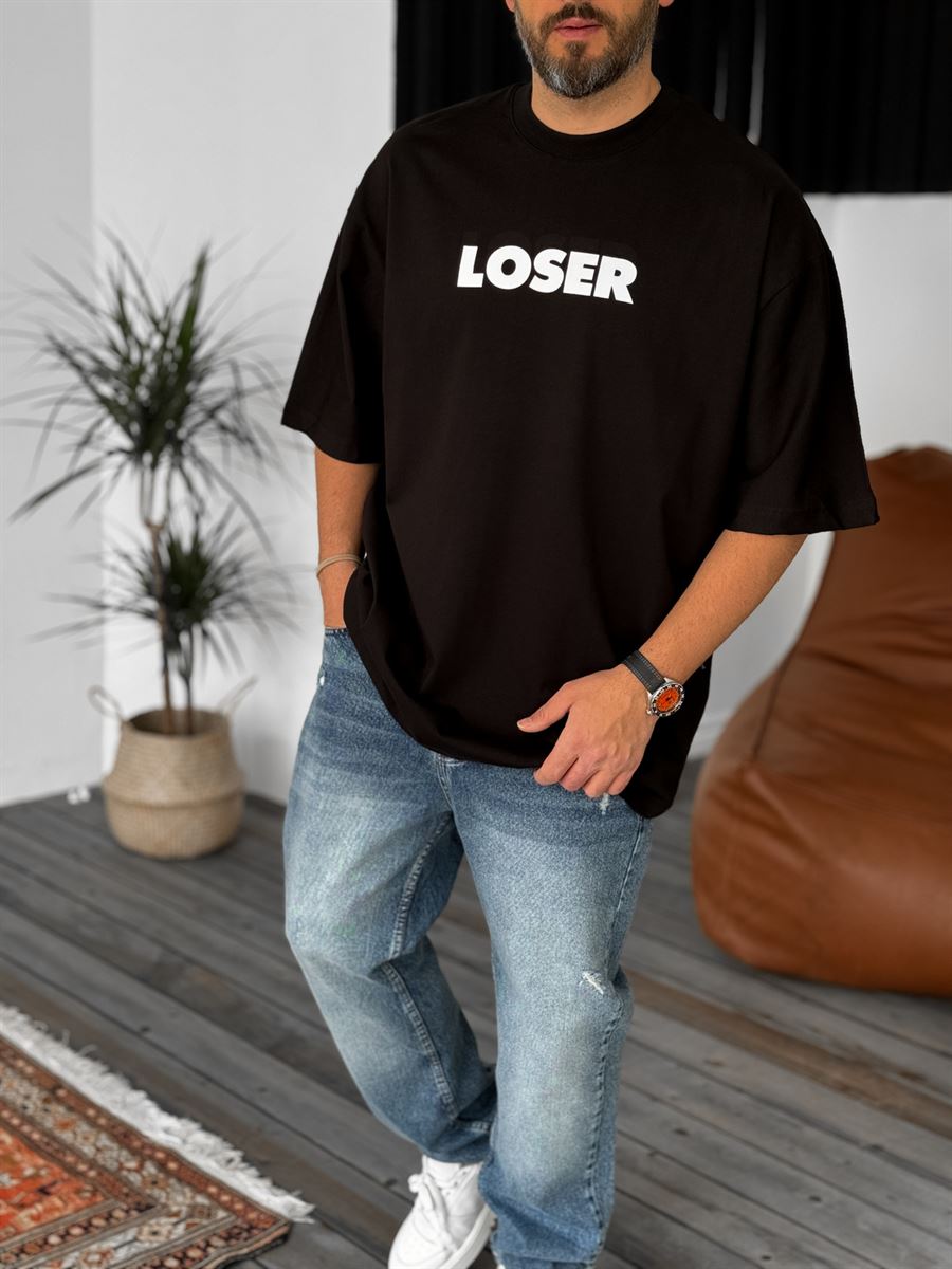 Siyah Loser Baskılı Oversize T-Shirt BS-4076