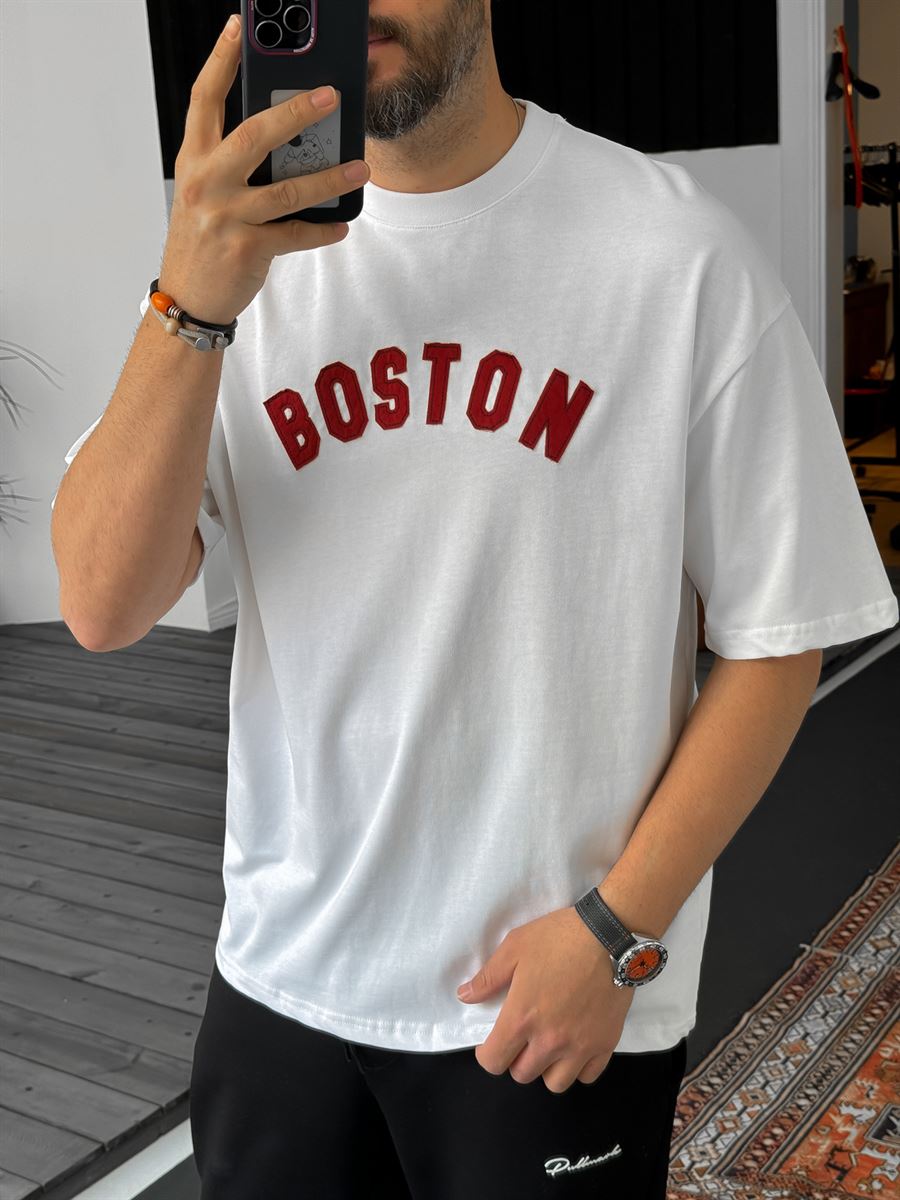 Beyaz Boston Nakışlı Oversize T-Shirt PM-122