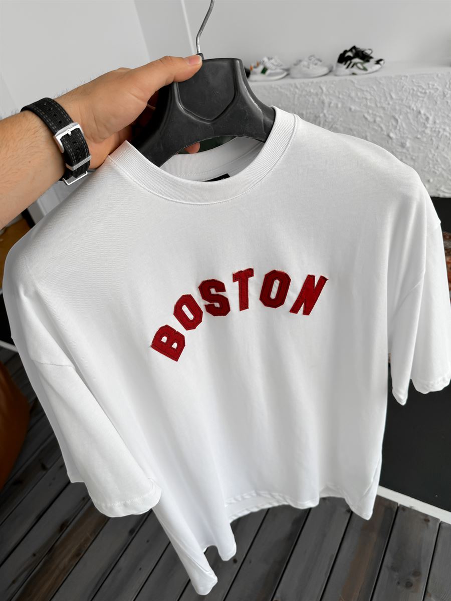 Beyaz Boston Nakışlı Oversize T-Shirt PM-122