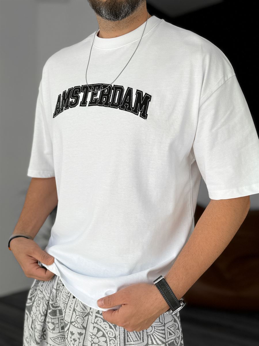 Beyaz Amsterdam Nakışlı Oversize T-Shirt PM-123