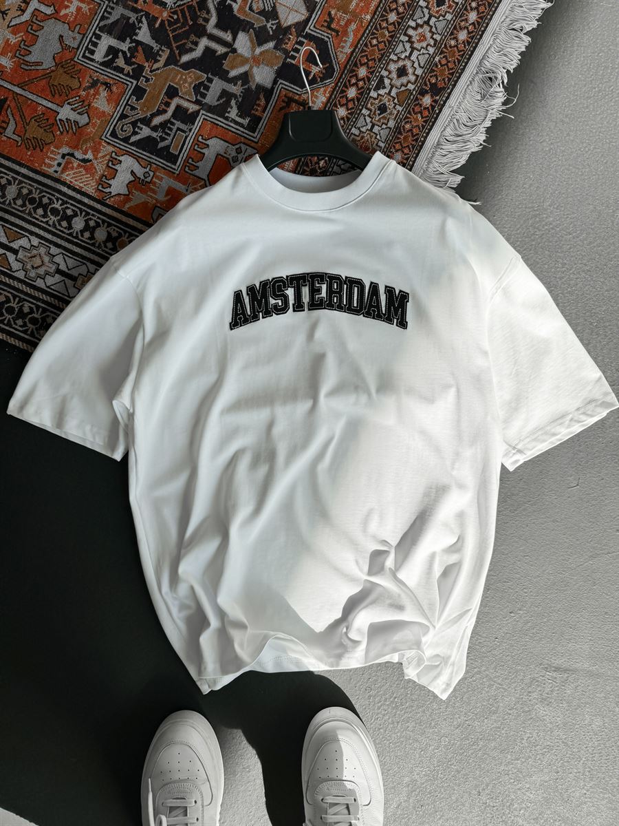 Beyaz Amsterdam Nakışlı Oversize T-Shirt PM-123